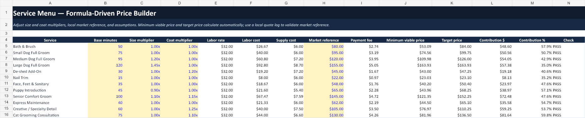 Service Menu Price Builder